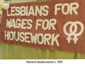 Women's studies Banner from 1978 that says lesbians for wages for housework